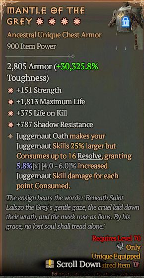 MMOJUGG Diablo 4 MANTLE OF THE GREY#1331564 Details View of Item Function and Use