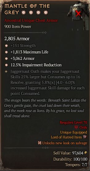 MMOJUGG Diablo 4 MANTLE OF THE GREY#1332160 Details View of Item Function and Use