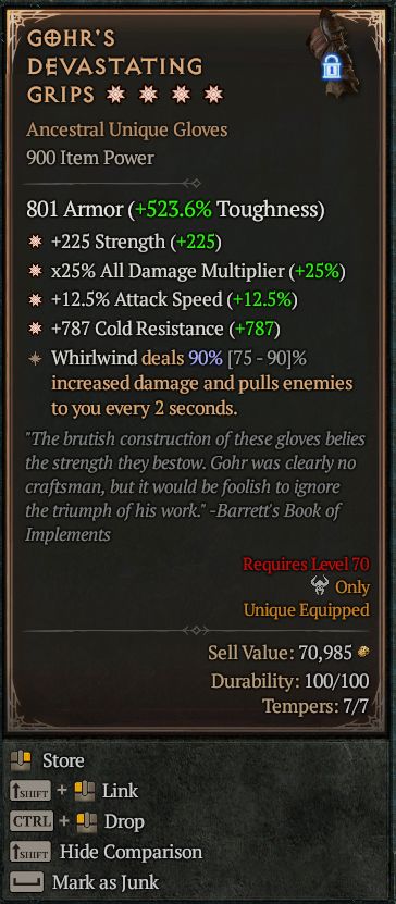 MMOJUGG Diablo 4 GOHR'S DEVASTATING GRIPS#1332526 Details View of Item Function and Use