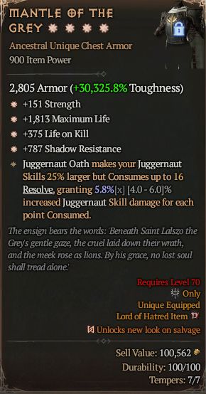 MMOJUGG Diablo 4 MANTLE OF THE GREY#1334960 Details View of Item Function and Use