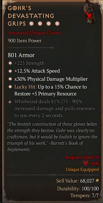 MMOJUGG Diablo 4 GOHR'S DEVASTATING GRIPS#1335657 Details View of Item Function and Use