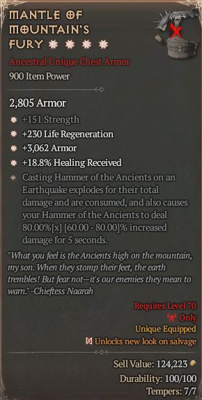 MMOJUGG Diablo 4 MANTLE OF MOUNTAIN'S FURY#1337055 Details View of Item Function and Use