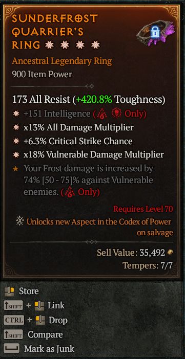 MMOJUGG Diablo 4 SUNDERFROST QUARRIER'S RING#1343002 Details View of Item Function and Use