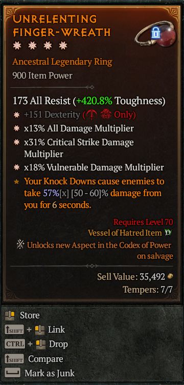MMOJUGG Diablo 4 UNRELENTING FINGER-WREATH#1343016 Details View of Item Function and Use