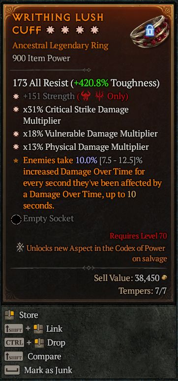 MMOJUGG Diablo 4 WRITHING LUSH CUFF#1343017 Details View of Item Function and Use