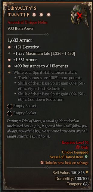 MMOJUGG Diablo 4 LOYALTY'S MANTLE#1366197 Details View of Item Function and Use