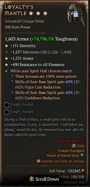 MMOJUGG Diablo 4 LOYALTY'S MANTLE#1366219 Details View of Item Function and Use