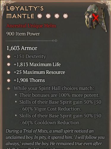 MMOJUGG Diablo 4 LOYALTY'S MANTLE#1366355 Details View of Item Function and Use