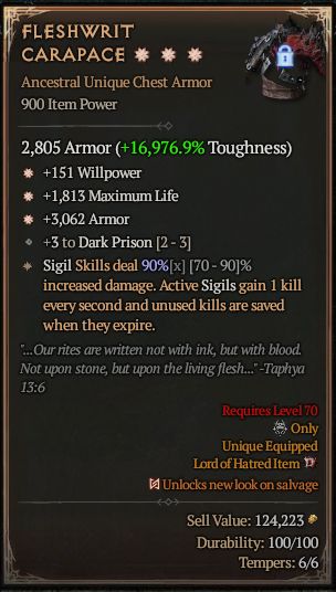 MMOJUGG Diablo 4 FLESHWRIT CARAPACE#1414115 Details View of Item Function and Use