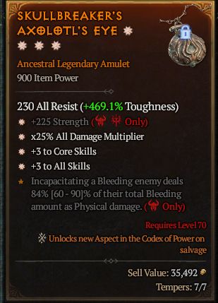 MMOJUGG Diablo 4 SKULLBREAKER'S AXOLOTL'S EYE#1414477 Details View of Item Function and Use
