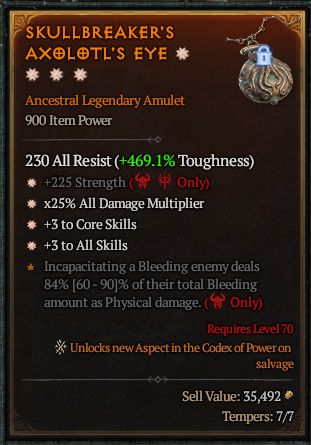 MMOJUGG Diablo 4 SKULLBREAKER'S AXOLOTL'S EYE#1414488 Details View of Item Function and Use