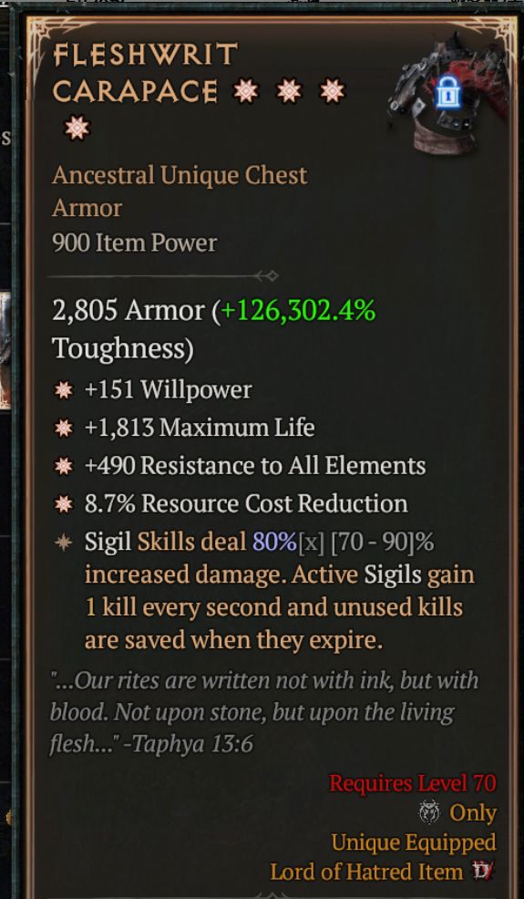 MMOJUGG Diablo 4 FLESHWRIT CARAPACE#1427107 Details View of Item Function and Use