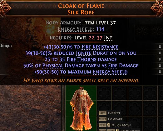 MMOJUGG Path of Exile 2 CLOAK OF FLAME SILK ROBE#1434625 Details View of Item Function and Use
