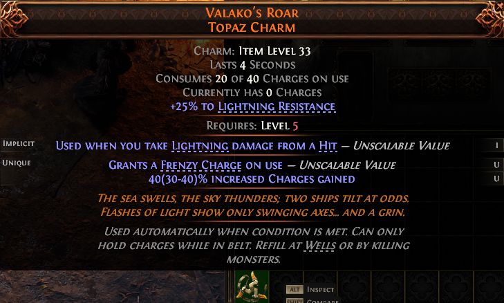 PoE2 (Runes of Aldur 0.5.0) VALAKO'S ROAR TOPAZ CHARM#1434657 Details MMOJUGG Path of Exile 2 VALAKO'S ROAR TOPAZ CHARM#1434657 Details View of Item Function and Use