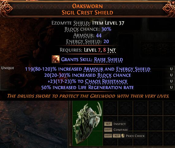 MMOJUGG Path of Exile 2 OAKSWORN SIGIL CREST SHIELD#1434667 Details View of Item Function and Use