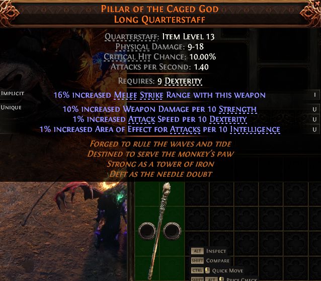 MMOJUGG Path of Exile 2 PILLAR OF THE CAGED GOD LONG QUARTERSTAFF#1434668 Details View of Item Function and Use