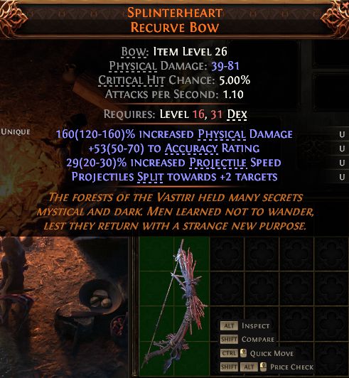 MMOJUGG Path of Exile 2 SPLINTERHEART RECURVE BOW#1434669 Details View of Item Function and Use