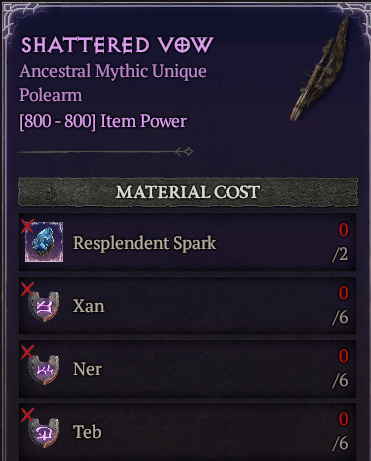 MMOJUGG Diablo 4 [Crafting Mythic] Shattered Vow : (6 Xan+6 Ner+6 Teb)---No Spark Details View of Item Function and Use