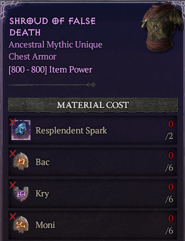 MMOJUGG Diablo 4 [Crafting Mythic] Shroud Of False Death : (6 Bac+6 Kry+6 Moni)---No Spark Details View of Item Function and Use