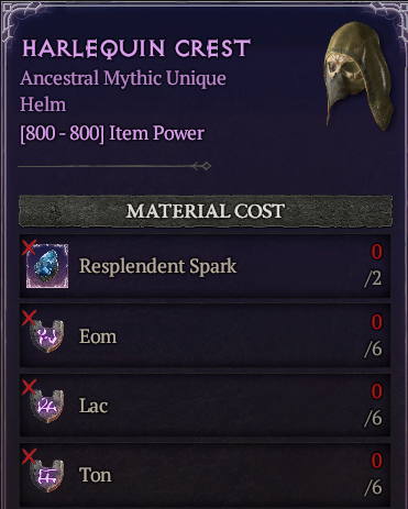 MMOJUGG Diablo 4 Crafting Mythic] Harlequin Crest : (6 Eom+6 Lac+6 Ton)---No Spark Details View of Item Function and Use