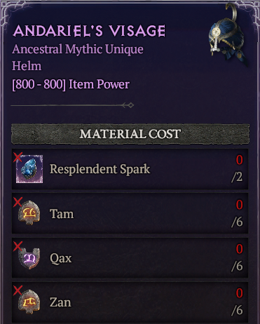 MMOJUGG Diablo 4 [Crafting Mythic] Andariel's Visage : (6 Tam+6 Qax+6 Zan)---No Spark Buying Page Display