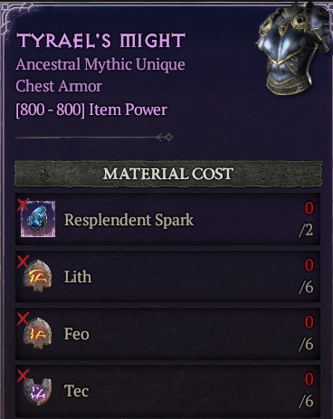 MMOJUGG Diablo 4 [Crafting Mythic] Tyrael's Might : (6 Lith+6 Feo+6 Tec)---No Spark Details View of Item Function and Use