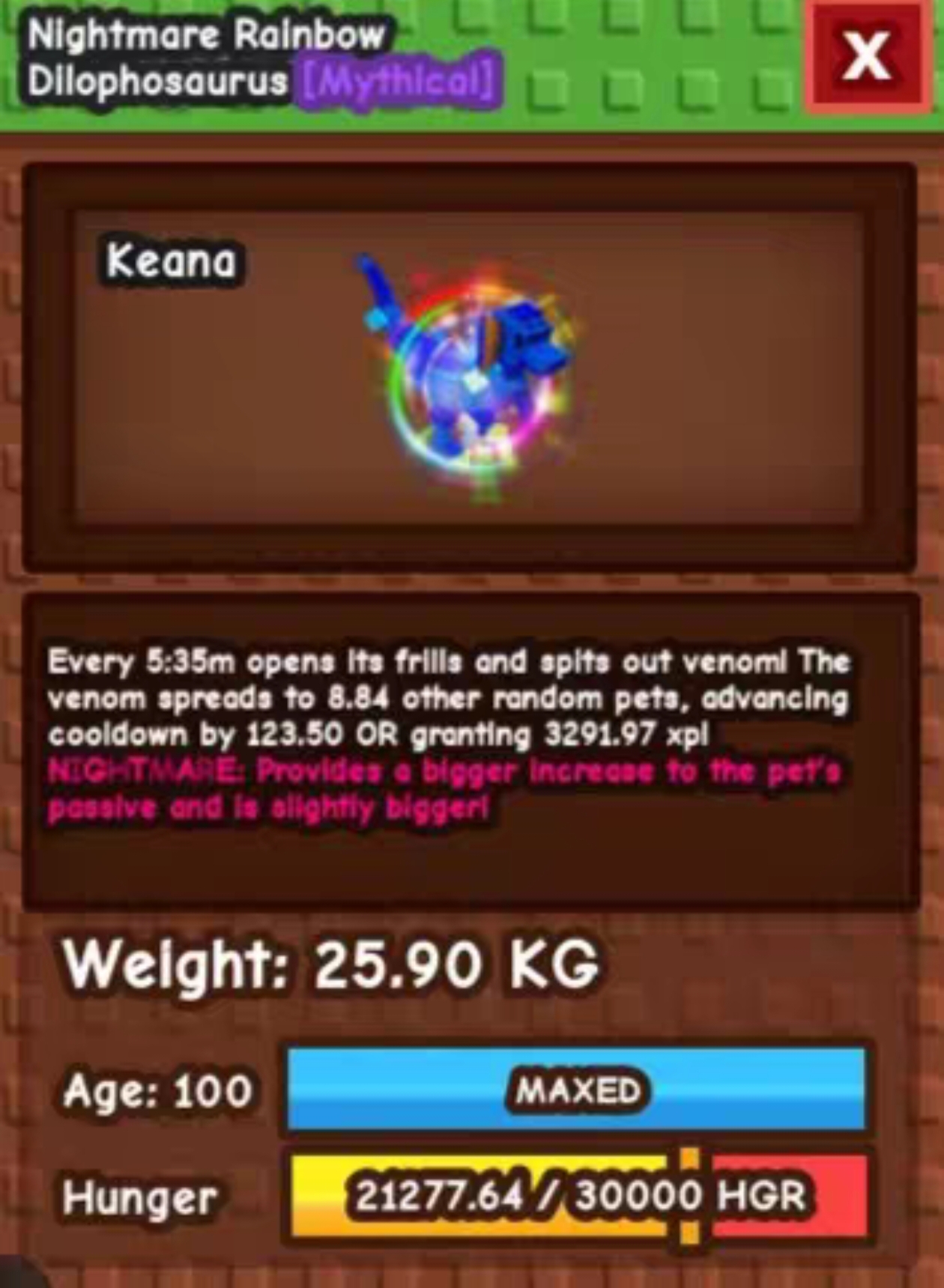 MMOJUGG Grow A Garden Nightmare Rainbow Dilophosaurus 60kg+ Details View of Item Function and Use