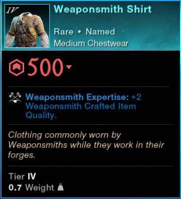 MMOJUGG New World Aeternum Weaponsmith Shirt Details View of Item Function and Use