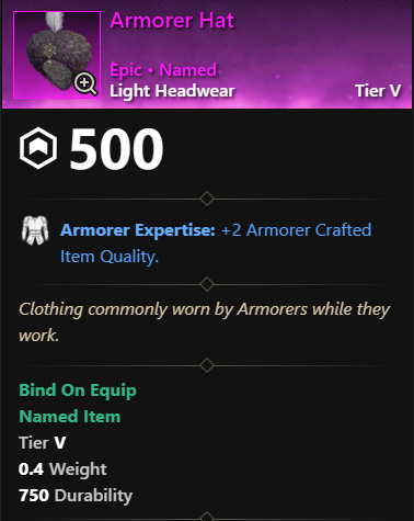 MMOJUGG New World Aeternum Armorer Hat Details View of Item Function and Use