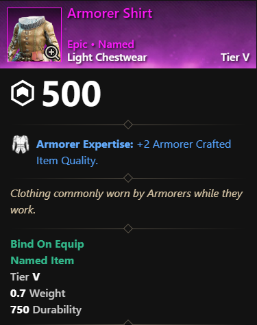 MMOJUGG New World Aeternum Armorer Shirt Details View of Item Function and Use