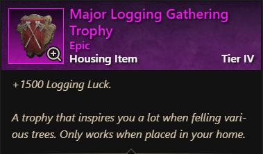 MMOJUGG New World Aeternum Major Logging Gathering Trophy Details View of Item Function and Use