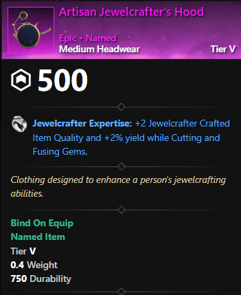 MMOJUGG New World Aeternum Artisan Jewelcrafter's Hood Details View of Item Function and Use