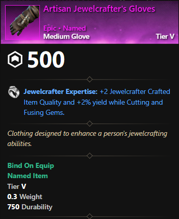 MMOJUGG New World Aeternum Artisan Jewelcrafter's Gloves Details View of Item Function and Use