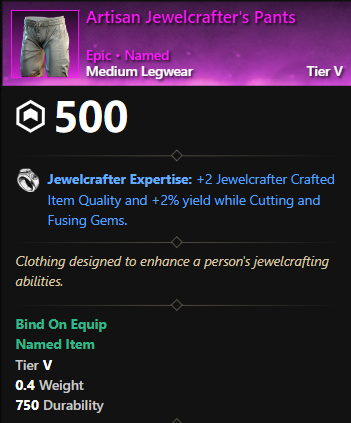 MMOJUGG New World Aeternum Artisan Jewelcrafter's Pants Details View of Item Function and Use