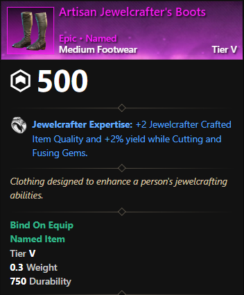MMOJUGG New World Aeternum Artisan Jewelcrafter's Boots Details View of Item Function and Use