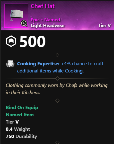 MMOJUGG New World Aeternum Chef Hat Details View of Item Function and Use