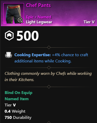 MMOJUGG New World Aeternum Chef Pants Details View of Item Function and Use