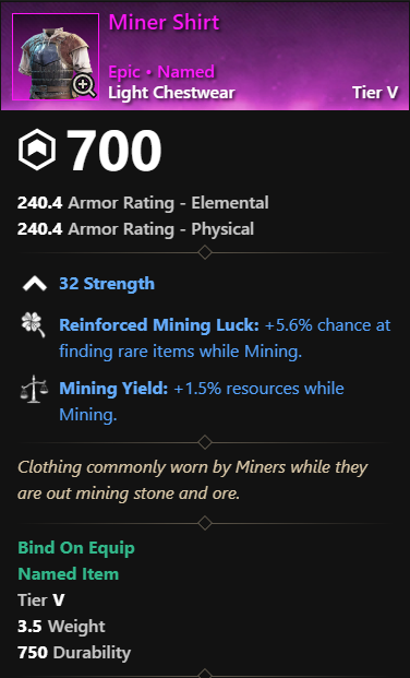 MMOJUGG New World Aeternum Miner Shirt Details View of Item Function and Use