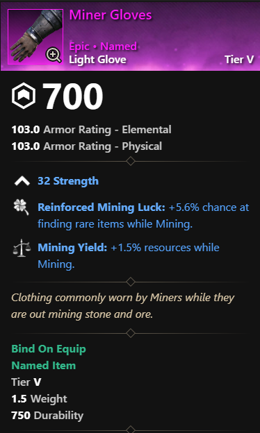 MMOJUGG New World Aeternum Miner Gloves Details View of Item Function and Use