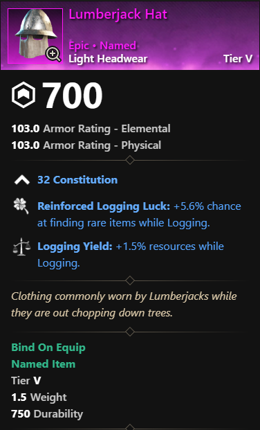 MMOJUGG New World Aeternum Lumberjack Hat Details View of Item Function and Use