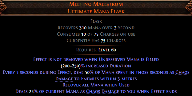 MMOJUGG Path of Exile 2  Melting Maelstrom Ultimate Mana Flask Details View of Item Function and Use