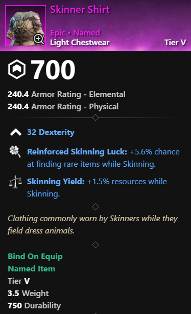 MMOJUGG New World Aeternum Skinner Shirt Details View of Item Function and Use