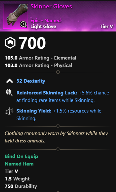 MMOJUGG New World Aeternum Skinner Gloves Details View of Item Function and Use