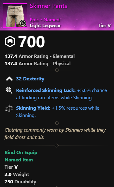 MMOJUGG New World Aeternum Skinner Pants Details View of Item Function and Use