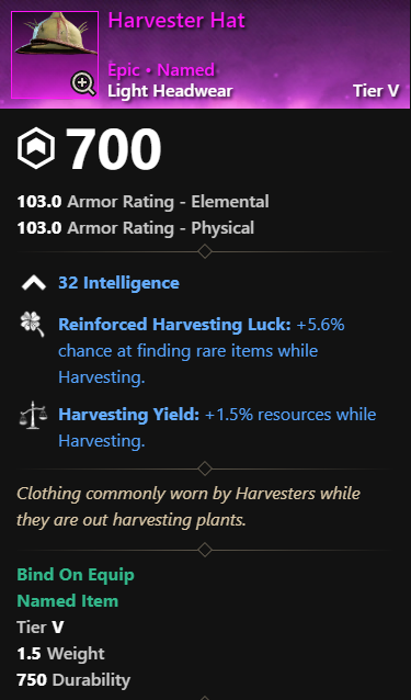 MMOJUGG New World Aeternum Harvester Hat Details View of Item Function and Use