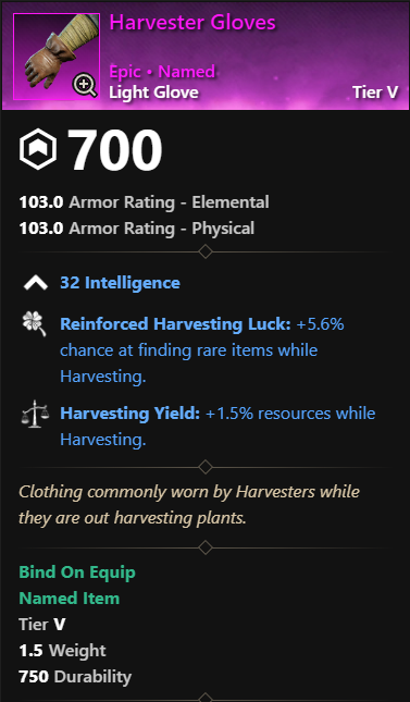 MMOJUGG New World Aeternum Harvester Gloves Details View of Item Function and Use