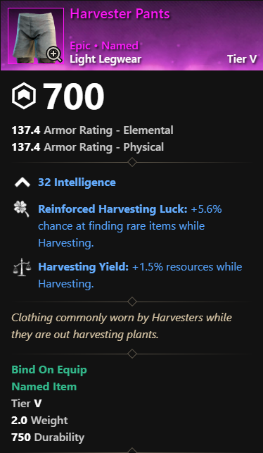 MMOJUGG New World Aeternum Harvester Pants Details View of Item Function and Use