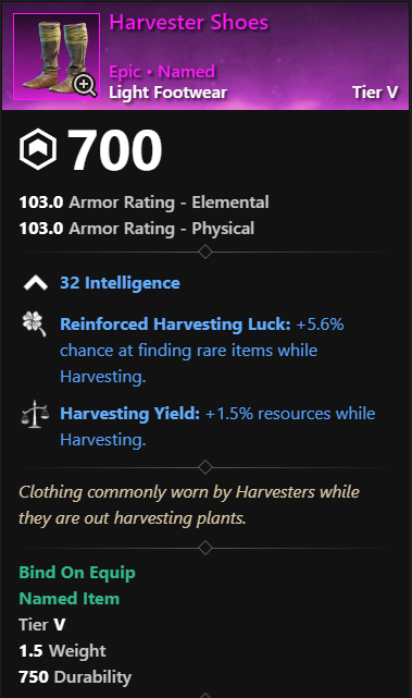 MMOJUGG New World Aeternum Harvester Shoes Details View of Item Function and Use