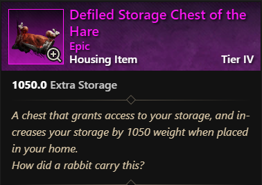 MMOJUGG New World Aeternum Defiled Storage Chest of the Hare Details View of Item Function and Use