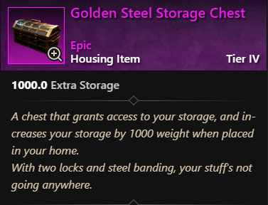 MMOJUGG New World Aeternum Golden Steel Storage Chest Details View of Item Function and Use
